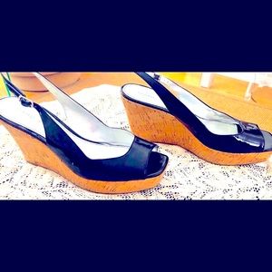 - New no tags.Marc Fisher cork open toe sling backs. High quality Patent l…